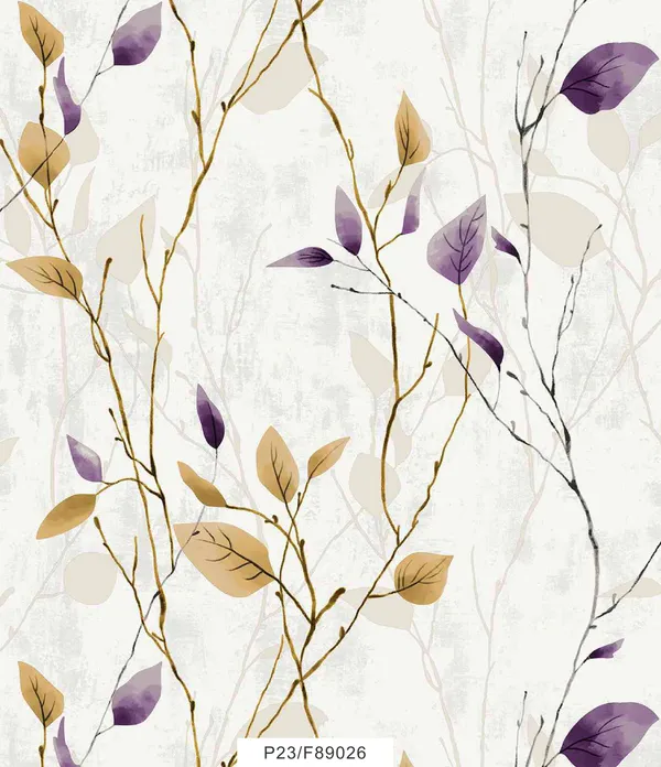 Imported_Paper_Botanical_Purple_Gold_Leaf_Pattern_Wallpaper