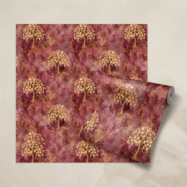 Imported_Paper_Classic_Gold_Tree_Pattern_Burgundy_Wallpaper