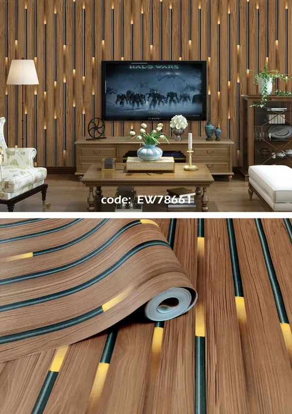 Imported_Paper_Modern_Brown_Wood_Grain_Gold_Stripe_Wallpaper