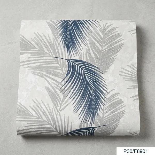 Imported_Paper_Grey_Blue_Palm_Leaf_Print_Wallpaper