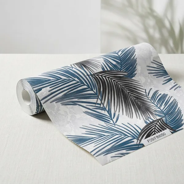 Imported_Paper_Tropical_Blue_Palm_Leaf_Print_Wallpaper