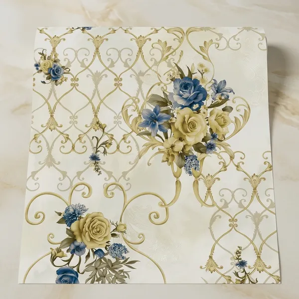 Imported_Paper_Gold_Blue_Cream_Floral_Trellis_Pattern_Wallpaper