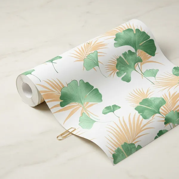 Imported_Paper_Botanical_Green_Gold_Ginkgo_Leaf_Wallpaper