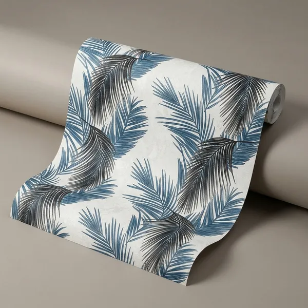 Imported_Paper_Tropical_Palm_Leaf_Pattern_Blue_Beige_Wallpaper