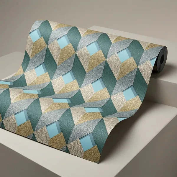 Imported_Paper_Modern_3d_Geometric_Pattern_Teal_Gold_Silver_Wallpaper