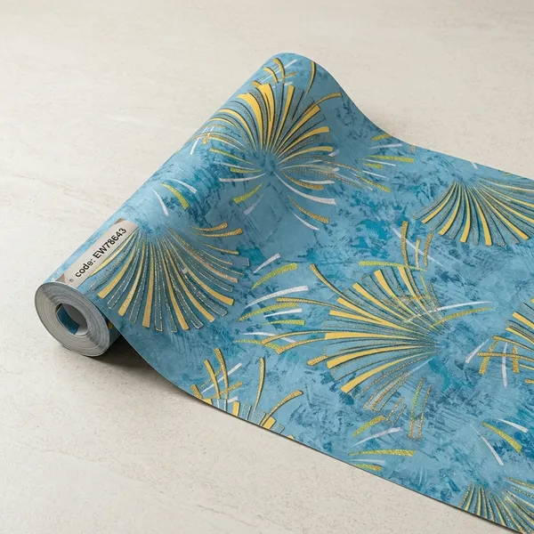 Imported_Paper_Tropical_Palm_Leaf_Blue_Golden_Wallpaper
