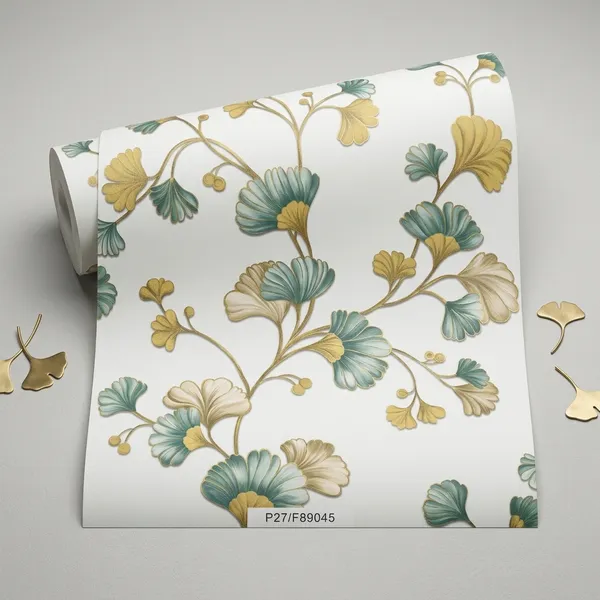 Imported_Paper_Yellow_Teal_Ginkgo_Leaf_Botanical_Wallpaper