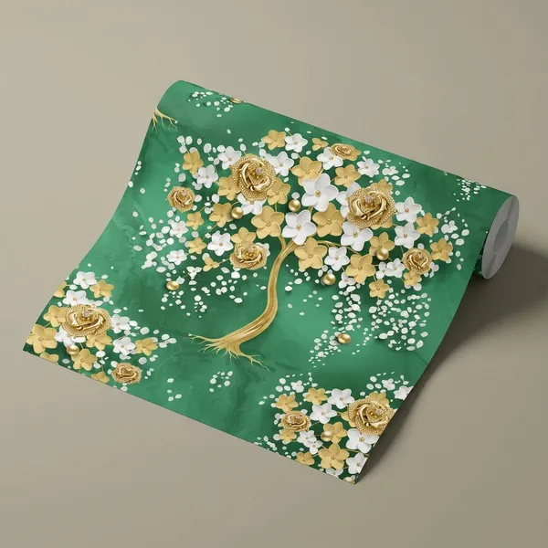 Imported_Paper_Emerald_Green_Golden_Floral_Tree_Wallpaper