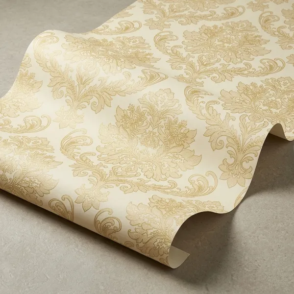 Imported_Paper_Gold_Beige_Damask_Floral_Pattern_Wallpaper