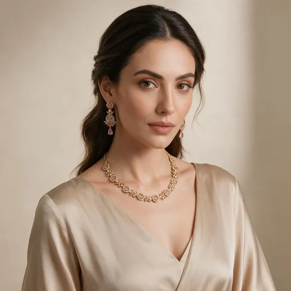 Gold_Tone_Pink_Stone_Necklace_And_Earrings_Set_for_Women