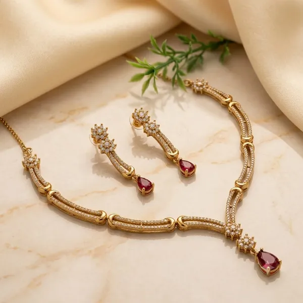 Gold_Tone_Red_Stone_Necklace_And_Earrings_Set_for_Women