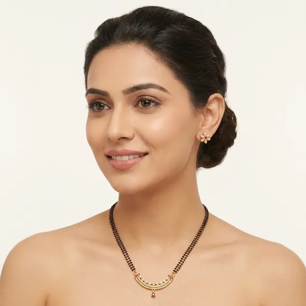 Gold_Plated_Black_Bead_Mangalsutra_With_Floral_Earrings_Set