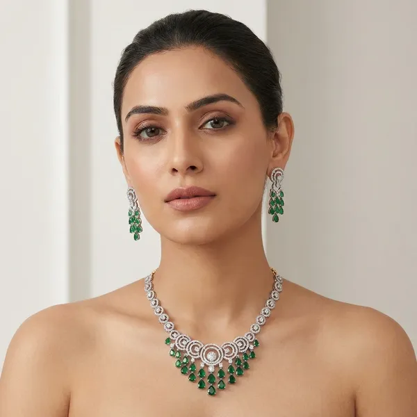 Silver_Tone_Green_Stone_Studded_Necklace_Set_with_Earrings