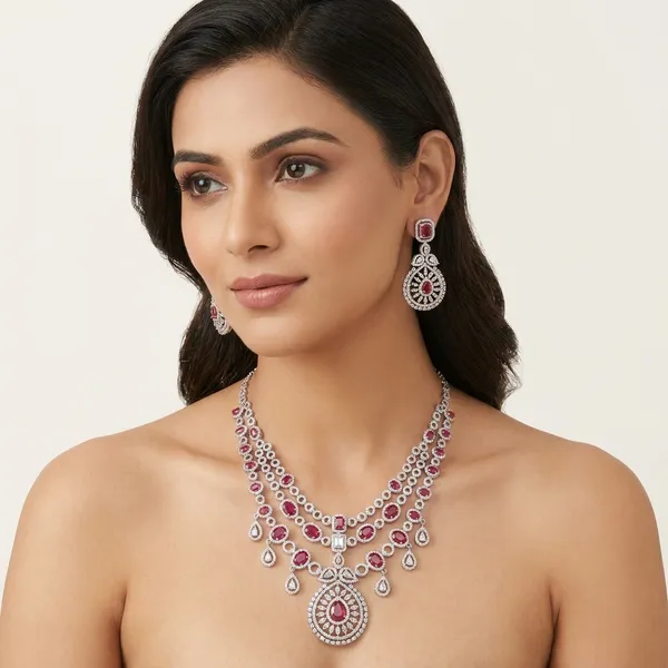 Silver_Plated_Ruby_Stone_Layered_Necklace_Set_with_Earrings