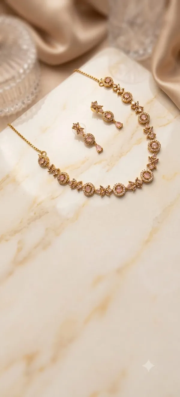 Gold_Tone_Pink_Stone_Necklace_And_Earrings_Set_for_Women