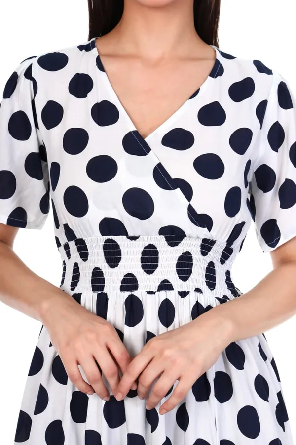 White_Polka_Dot_Rayon_V_Neck_Side_Slit_Maxi_Dress_For_Women