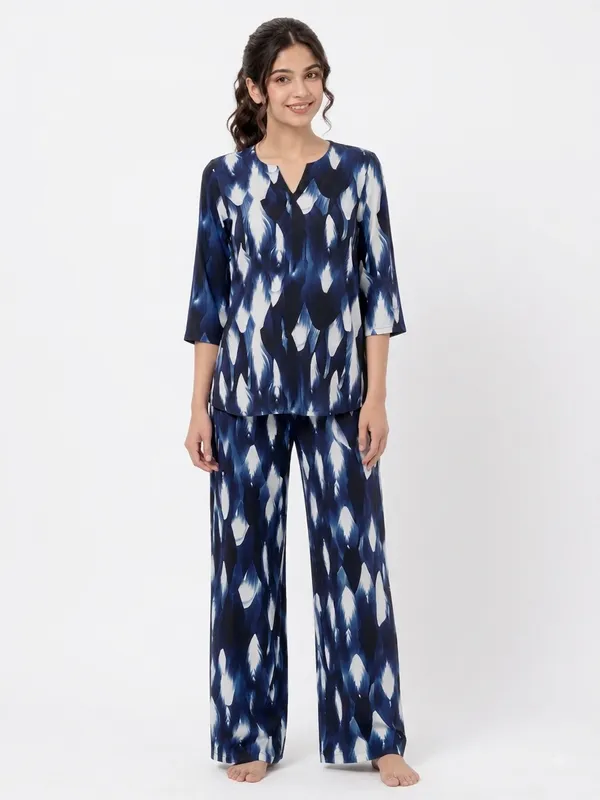 Navy_Blue_Abstract_Print_Rayon_V_Neck_Three_Quarter_Sleeve_corset_For_Women