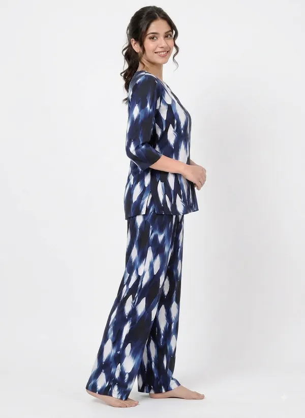 Navy_Blue_Abstract_Print_Rayon_V_Neck_Three_Quarter_Sleeve_corset_For_Women