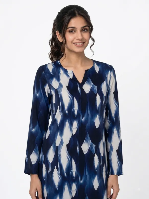 Navy_Blue_Abstract_Print_Rayon_V_Neck_Three_Quarter_Sleeve_corset_For_Women
