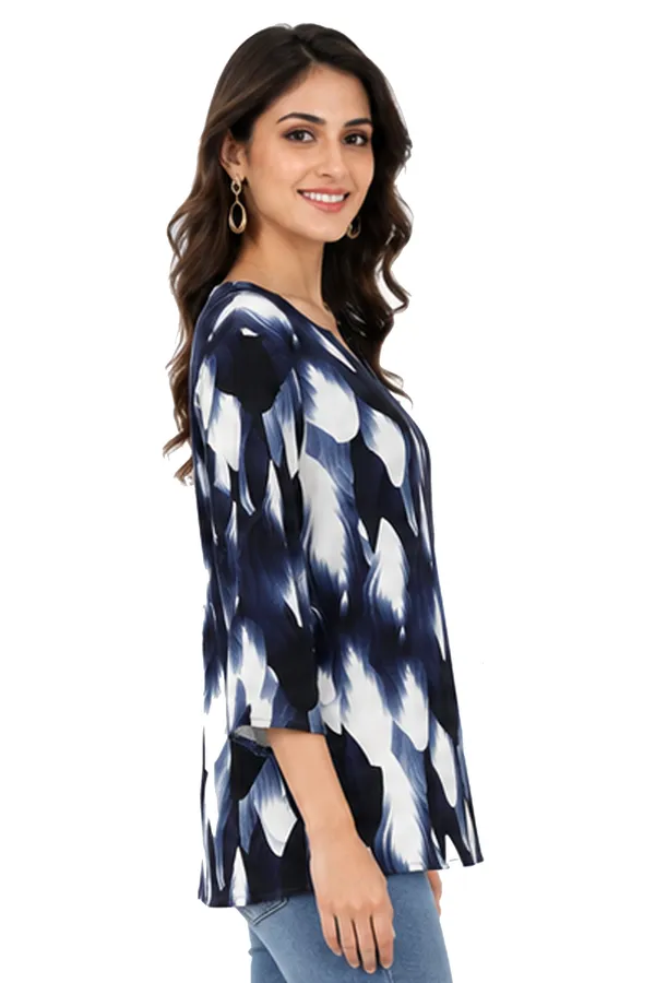 Women’s_Blue_&_White_Abstract_Printed_3/4_Sleeve_V-Neck_Top_–_Regular_Fit_Casual_Tunic
