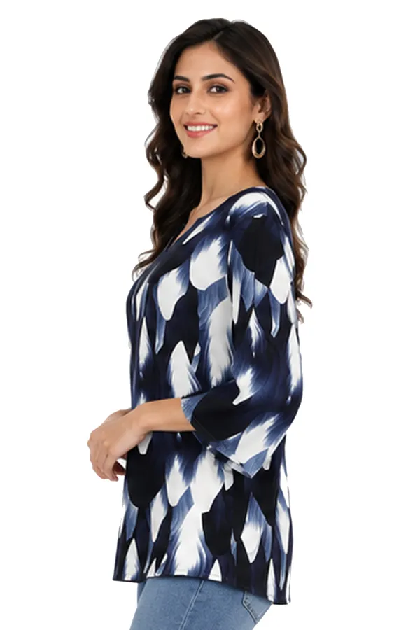 Women’s_Blue_&_White_Abstract_Printed_3/4_Sleeve_V-Neck_Top_–_Regular_Fit_Casual_Tunic