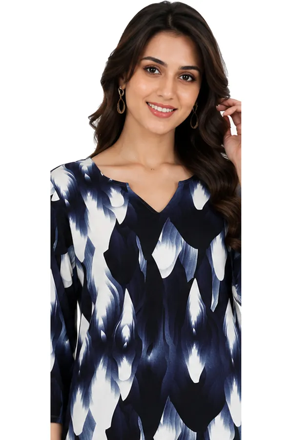 Women’s_Blue_&_White_Abstract_Printed_3/4_Sleeve_V-Neck_Top_–_Regular_Fit_Casual_Tunic