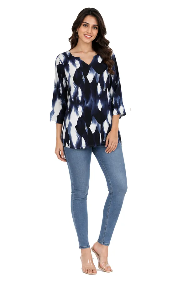 Women’s_Blue_&_White_Abstract_Printed_3/4_Sleeve_V-Neck_Top_–_Regular_Fit_Casual_Tunic