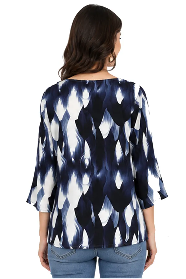 Women’s_Blue_&_White_Abstract_Printed_3/4_Sleeve_V-Neck_Top_–_Regular_Fit_Casual_Tunic