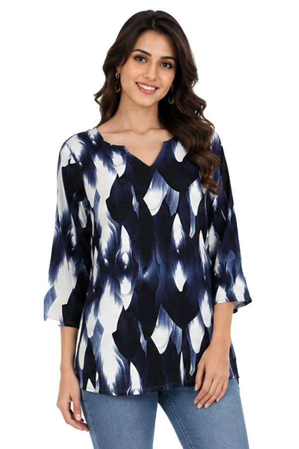 Women’s_Blue_&_White_Abstract_Printed_3/4_Sleeve_V-Neck_Top_–_Regular_Fit_Casual_Tunic