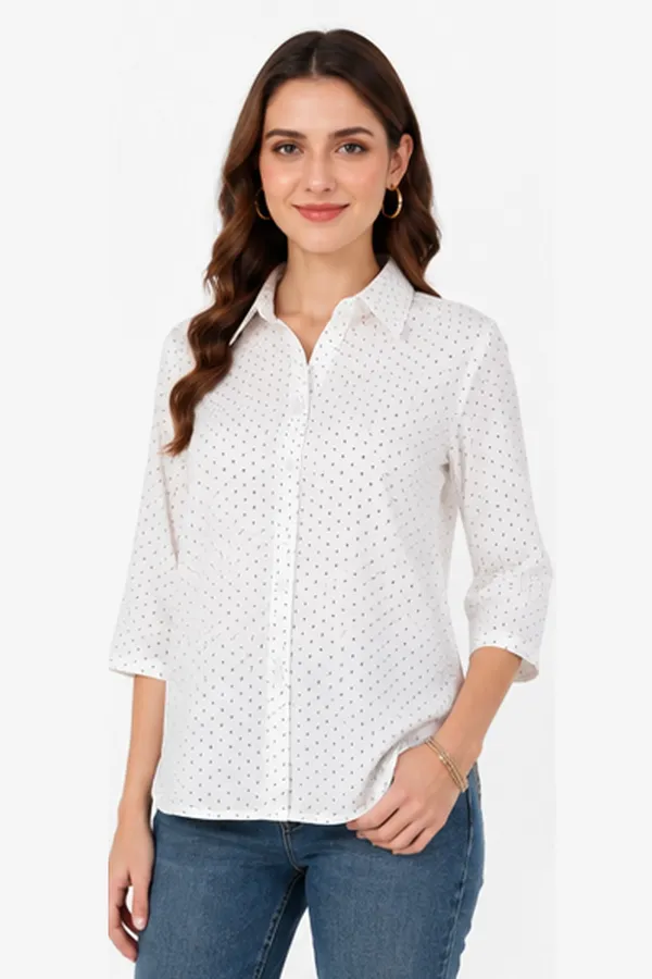 White_Polka_Dot_Cotton_Relaxed_Fit_Formal_Shirt_For_Women