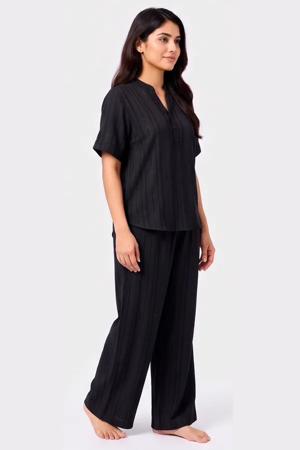 Minimalist_Jet_Black_Textured_Co-ord_Set_|_Casual_Mandarin_Collar_Tunic_&_Flared_Palazzo_Set
