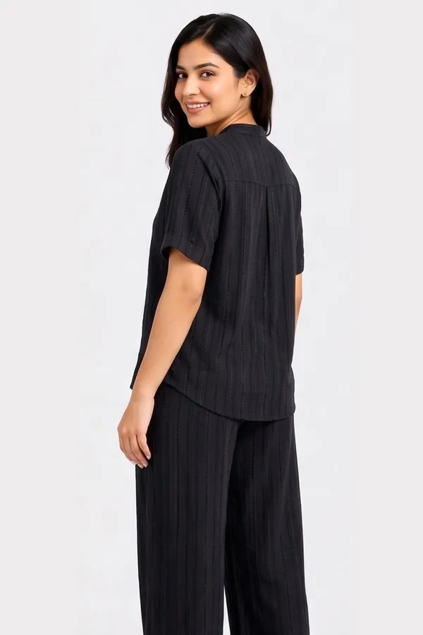 Minimalist_Jet_Black_Textured_Co-ord_Set_|_Casual_Mandarin_Collar_Tunic_&_Flared_Palazzo_Set