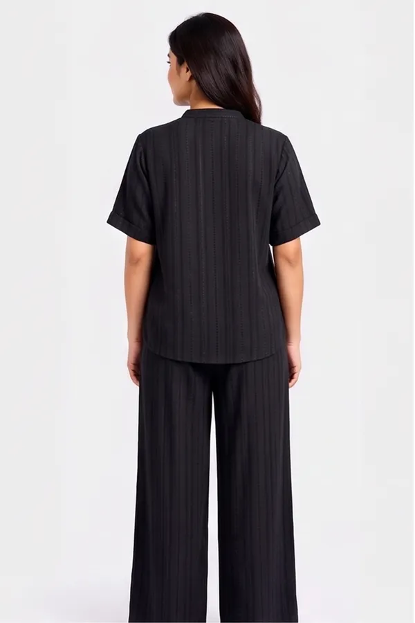 Minimalist_Jet_Black_Textured_Co-ord_Set_|_Casual_Mandarin_Collar_Tunic_&_Flared_Palazzo_Set