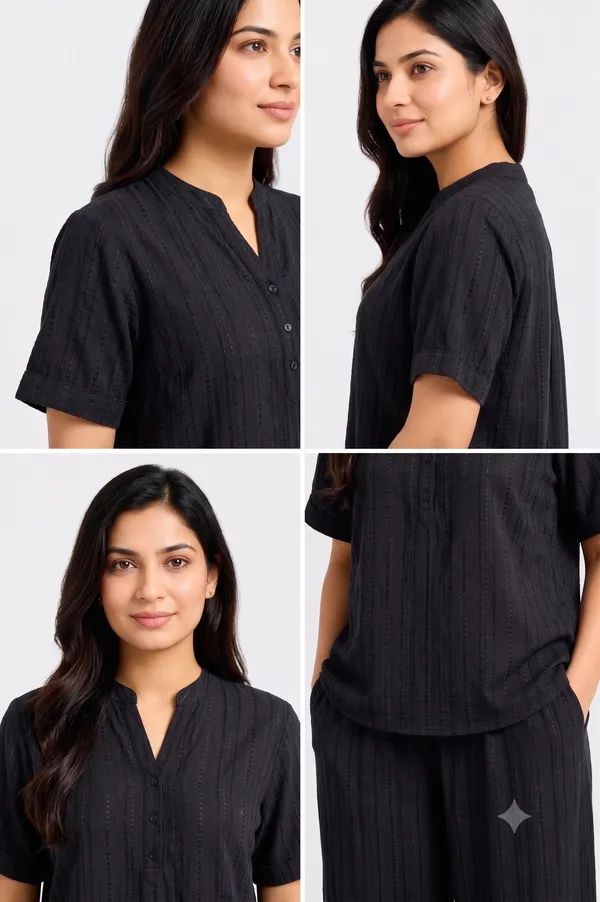 Minimalist_Jet_Black_Textured_Co-ord_Set_|_Casual_Mandarin_Collar_Tunic_&_Flared_Palazzo_Set