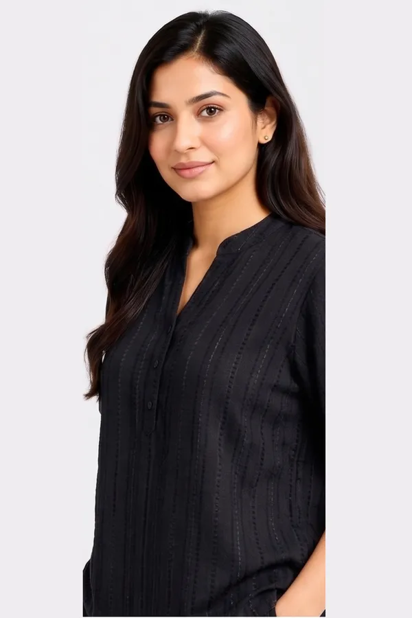 Minimalist_Jet_Black_Textured_Co-ord_Set_|_Casual_Mandarin_Collar_Tunic_&_Flared_Palazzo_Set