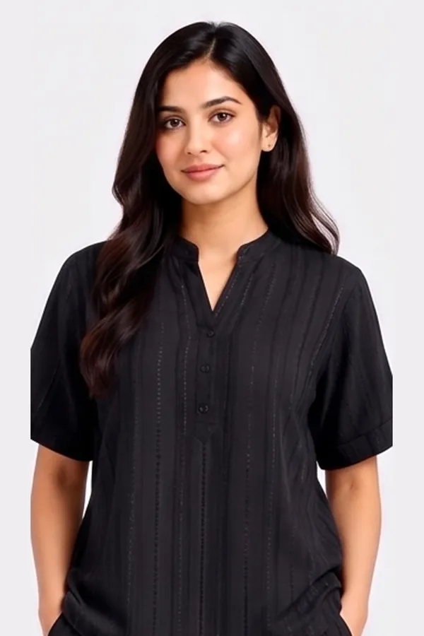 Minimalist_Jet_Black_Textured_Co-ord_Set_|_Casual_Mandarin_Collar_Tunic_&_Flared_Palazzo_Set