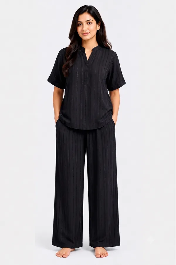 Minimalist_Jet_Black_Textured_Co-ord_Set_|_Casual_Mandarin_Collar_Tunic_&_Flared_Palazzo_Set