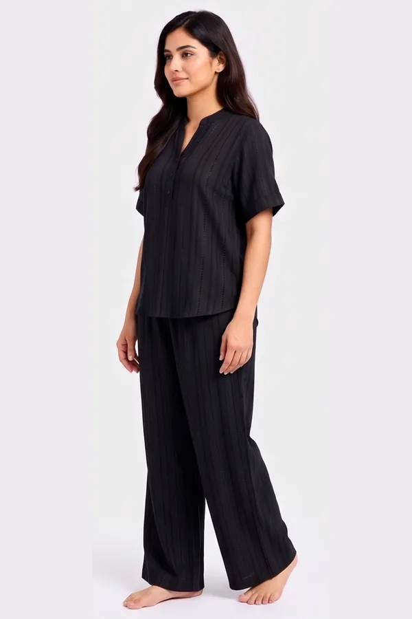 Minimalist_Jet_Black_Textured_Co-ord_Set_|_Casual_Mandarin_Collar_Tunic_&_Flared_Palazzo_Set
