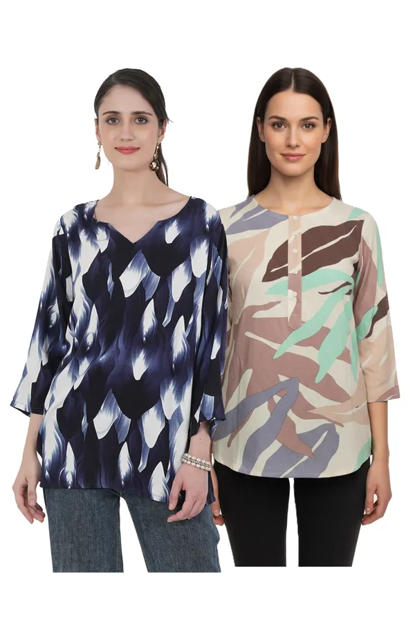 ONICAMINT_Women's_Abstract_Printed_Casual_Tunic_Top_|_V-Neck_|_3/4_Bell_Sleeves_|_Soft_&_Comfortable_Relaxed_Fit