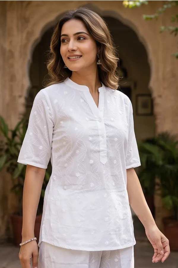 Pure_White_Chikankari_Cotton_Co-Ord_Set_|_Short_Kurti_with_Straight_Pants