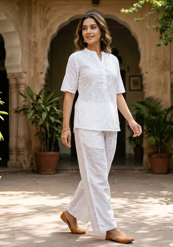 Pure_White_Chikankari_Cotton_Co-Ord_Set_|_Short_Kurti_with_Straight_Pants