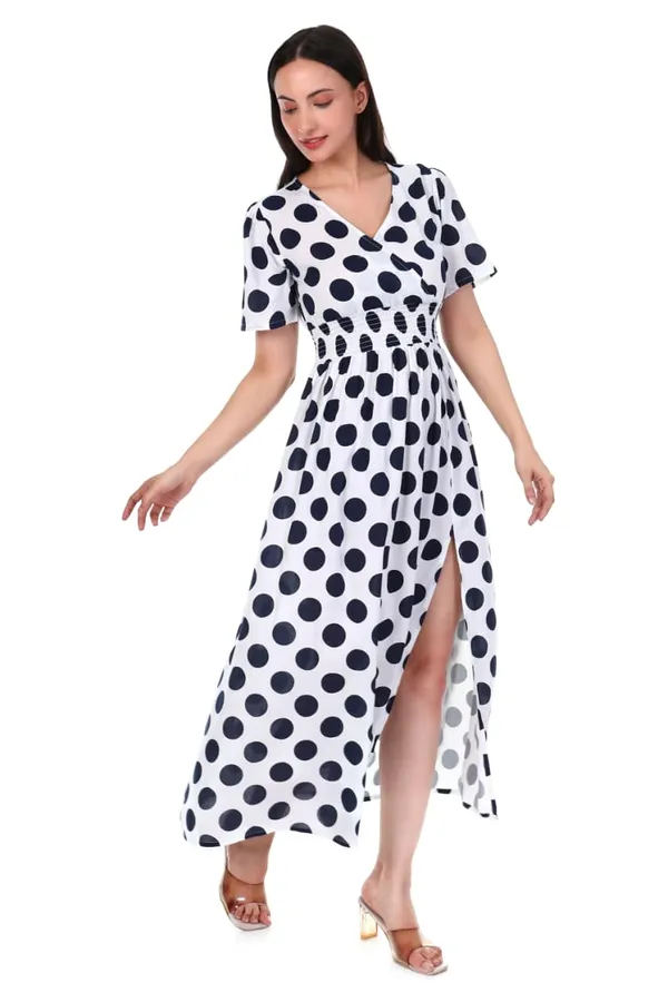 White_Polka_Dot_Rayon_V_Neck_Side_Slit_Maxi_Dress_For_Women