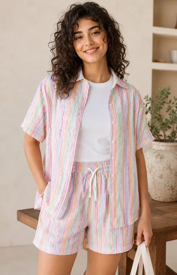 Women_Pastel_Striped_Co-Ord_Set_|_Casual_Shirt_&_Shorts_Set_Only_|_Soft_Bubble_Cotton_Summer_Wear_Set_for_Women