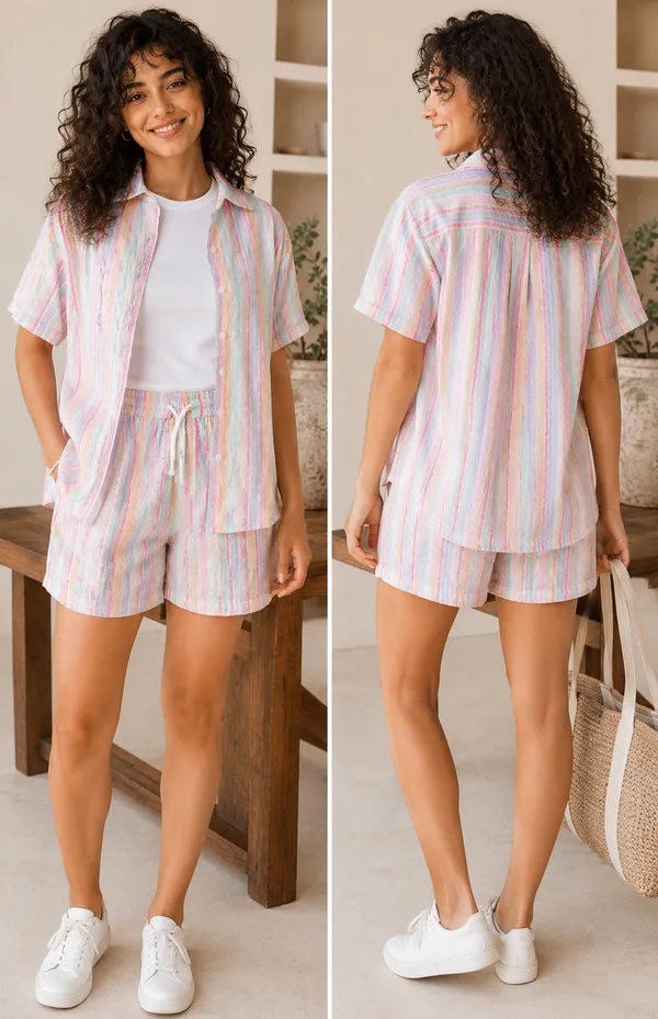 Women_Pastel_Striped_Co-Ord_Set_|_Casual_Shirt_&_Shorts_Set_Only_|_Soft_Bubble_Cotton_Summer_Wear_Set_for_Women