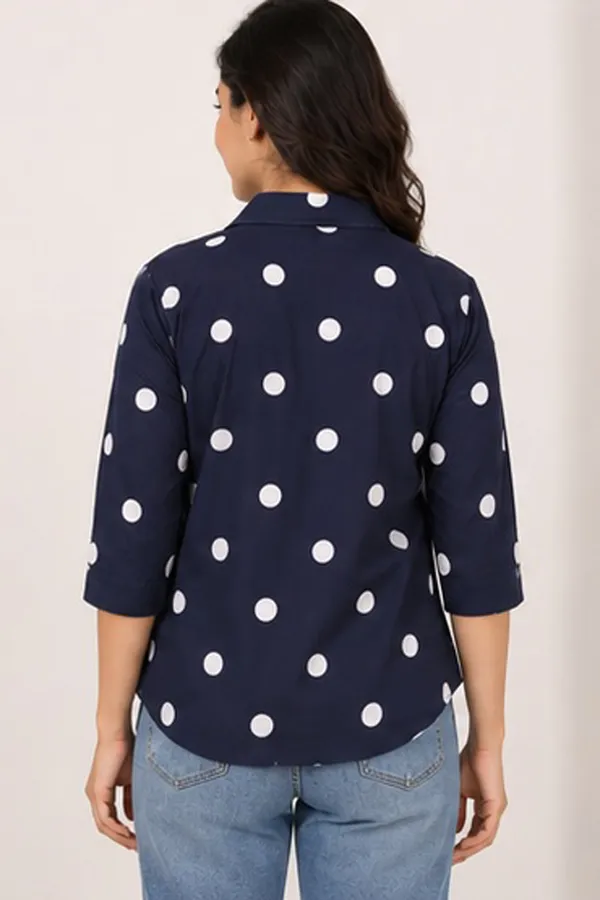 Women_Polka_Dot_Printed_Casual_Shirt_|_Navy_Blue_Button-Down_Top_with_Inner_|_3/4_Sleeve_Stylish_Layered_Shirt_for_Women