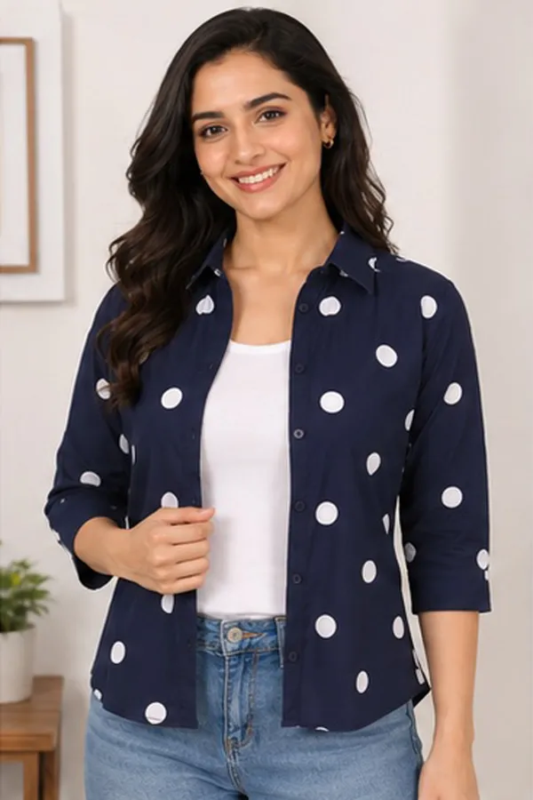 Women_Polka_Dot_Printed_Casual_Shirt_|_Navy_Blue_Button-Down_Top_with_Inner_|_3/4_Sleeve_Stylish_Layered_Shirt_for_Women