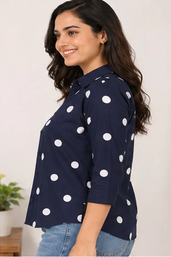 Women_Polka_Dot_Printed_Casual_Shirt_|_Navy_Blue_Button-Down_Top_with_Inner_|_3/4_Sleeve_Stylish_Layered_Shirt_for_Women