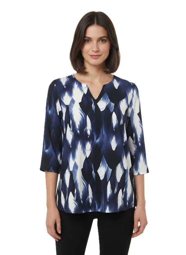 Women’s_Blue_&_White_Abstract_Printed_3/4_Sleeve_V-Neck_Top_–_Regular_Fit_Casual_Tunic