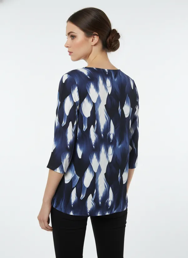 Women’s_Blue_&_White_Abstract_Printed_3/4_Sleeve_V-Neck_Top_–_Regular_Fit_Casual_Tunic