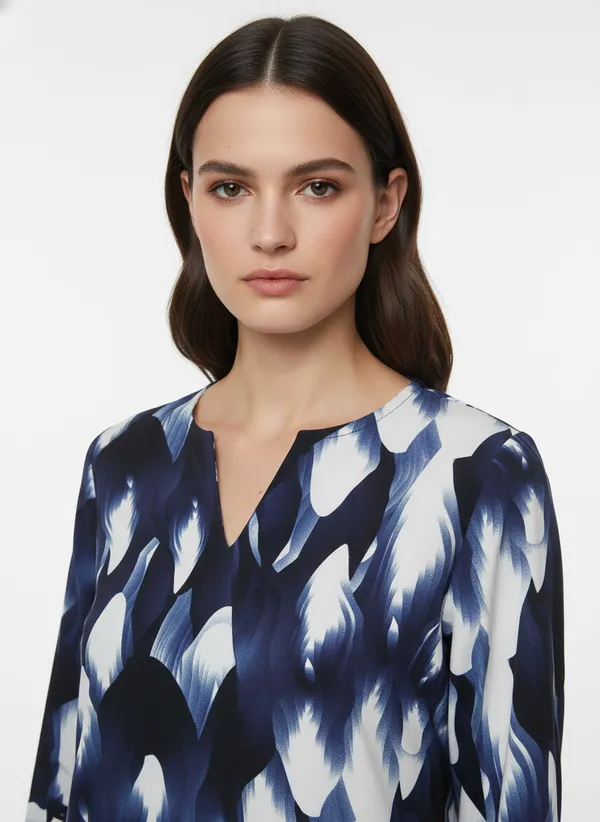 Women’s_Blue_&_White_Abstract_Printed_3/4_Sleeve_V-Neck_Top_–_Regular_Fit_Casual_Tunic